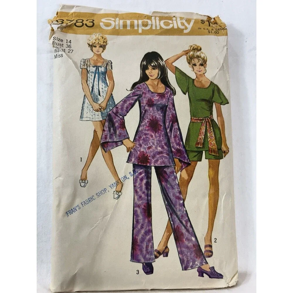Simplicity 8783 1970 Misses Mini Dress Pants Sewing Pattern Sz 14 Bust 36 CUT